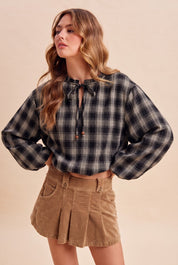 Oak & Ember Ruched Sleeve Plaid Blouse - Westly