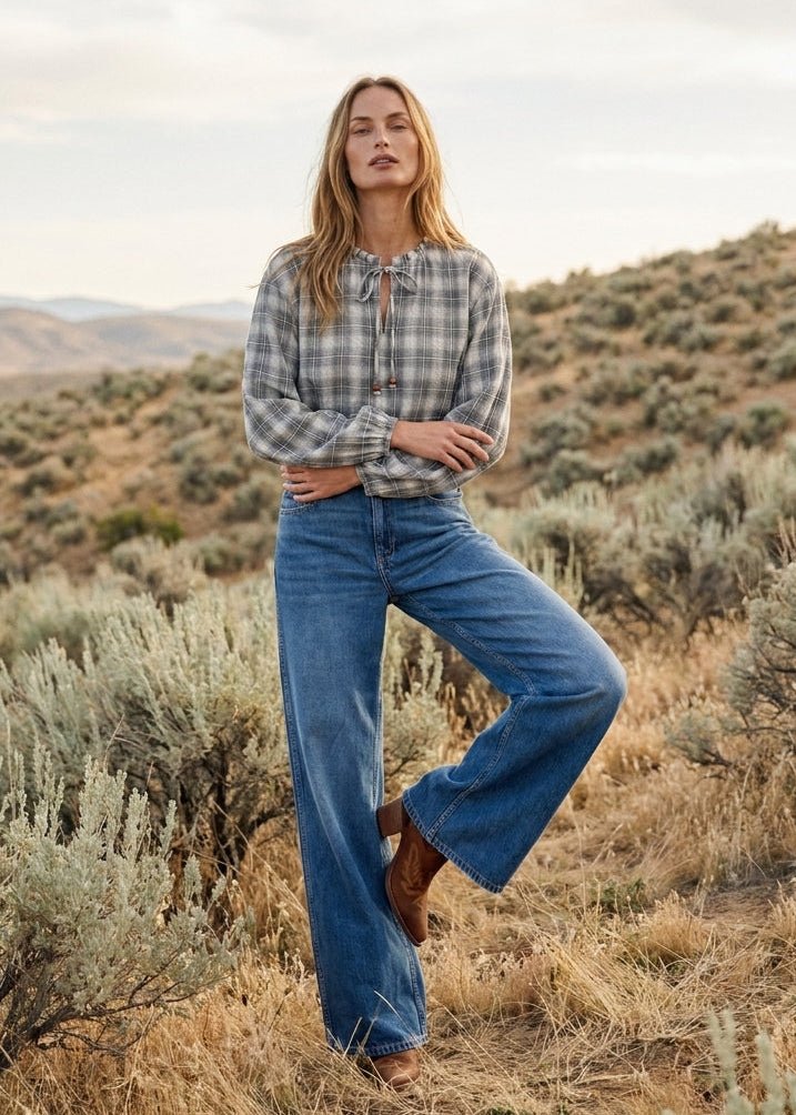 Oak & Ember Ruched Sleeve Plaid Blouse - Westly