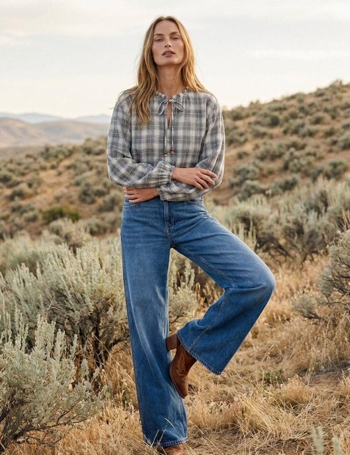 Oak & Ember Ruched Sleeve Plaid Blouse - Westly