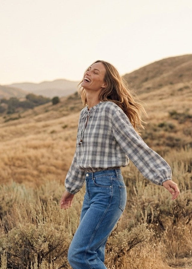 Oak & Ember Ruched Sleeve Plaid Blouse - Westly