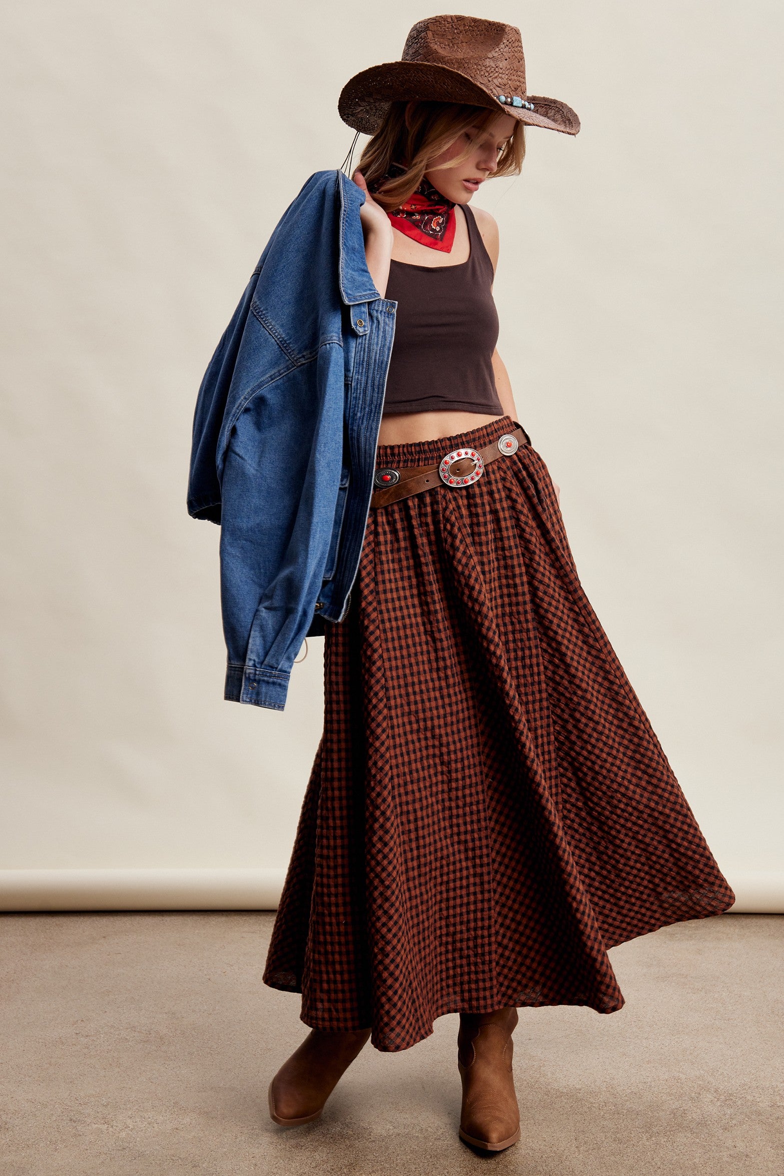Oak Terrace Gingham Maxi Skirt in Rust - product photo 9