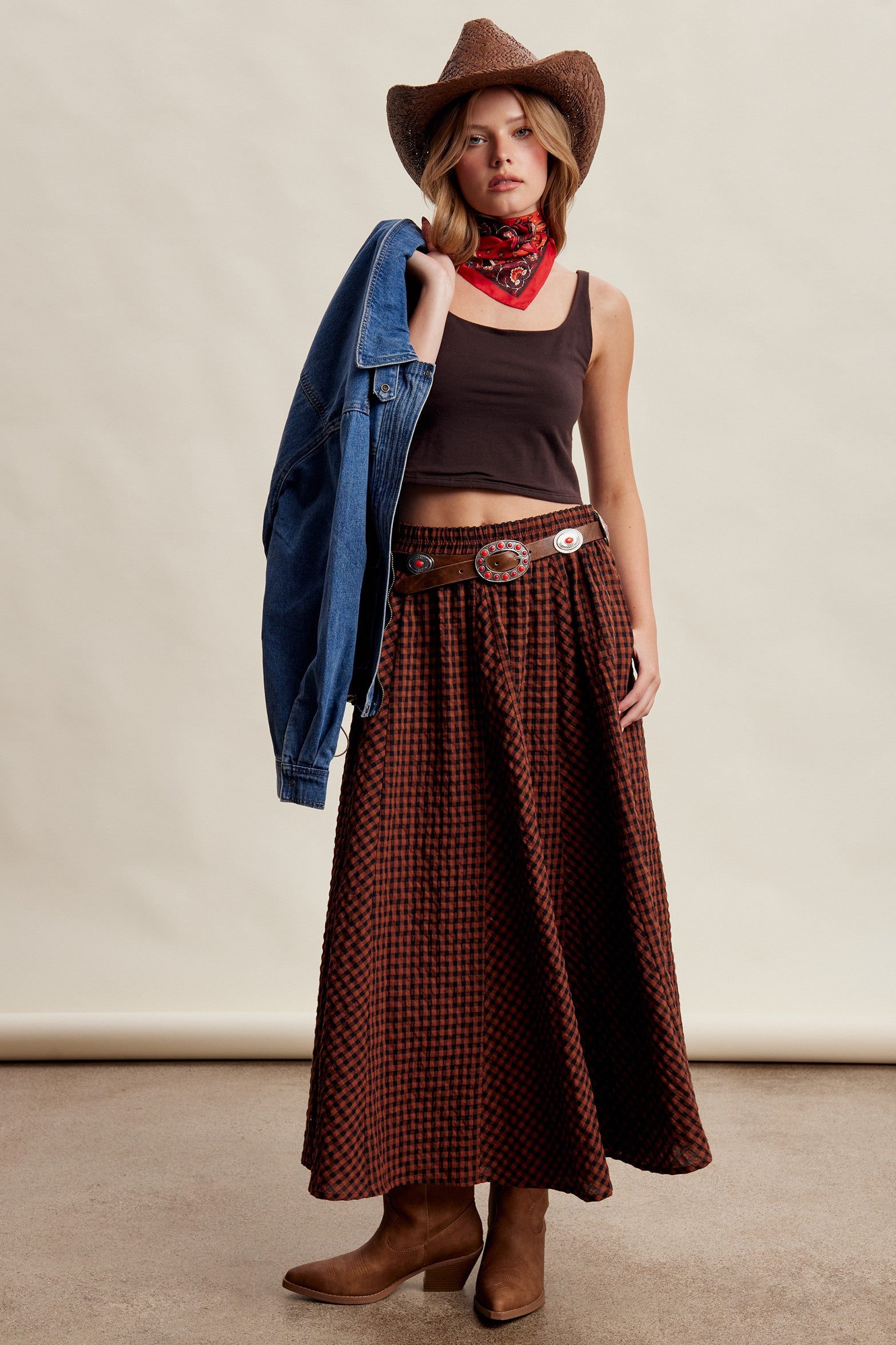 Oak Terrace Gingham Maxi Skirt in Rust - product photo 10