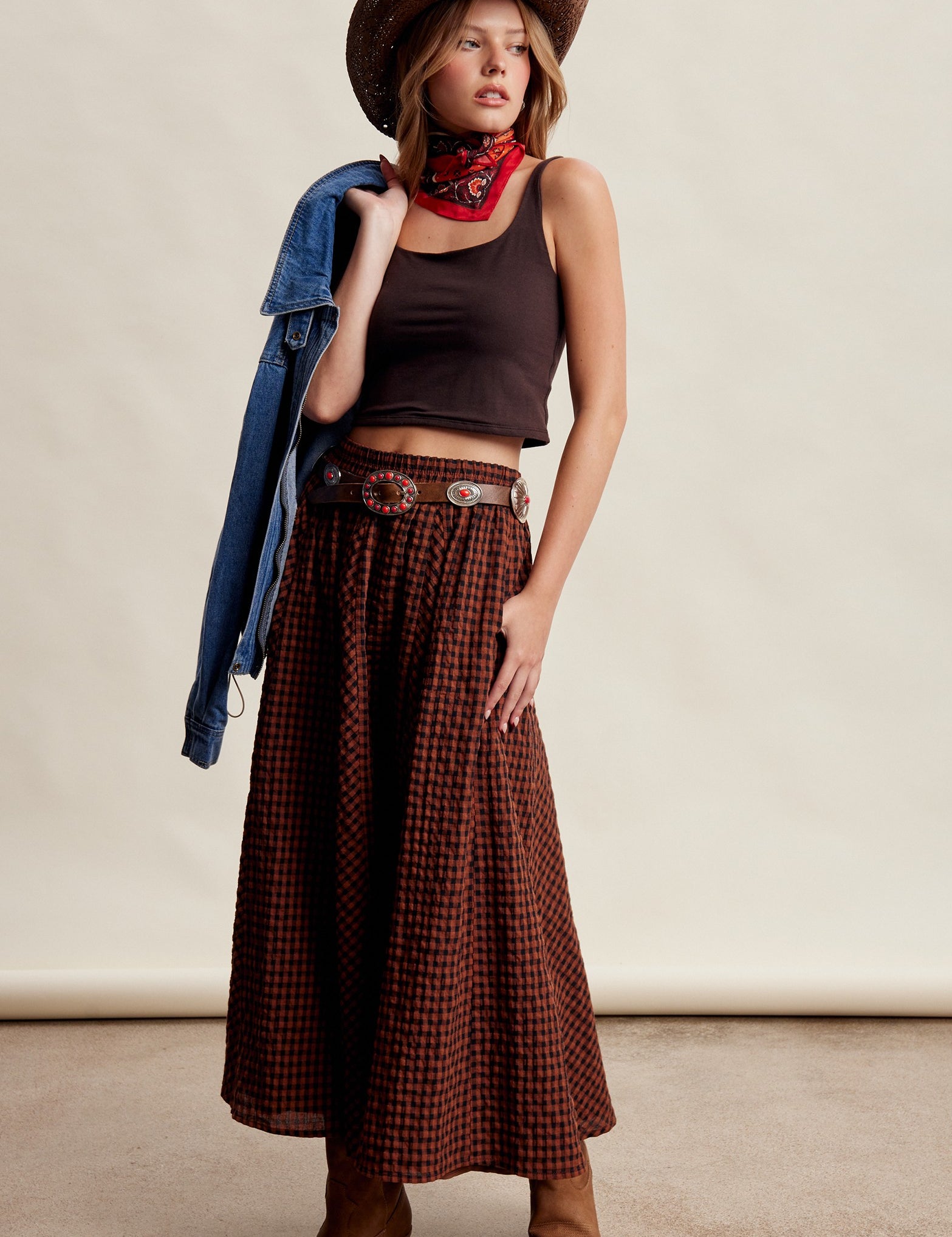 Oak Terrace Gingham Maxi Skirt in Rust - product photo 11
