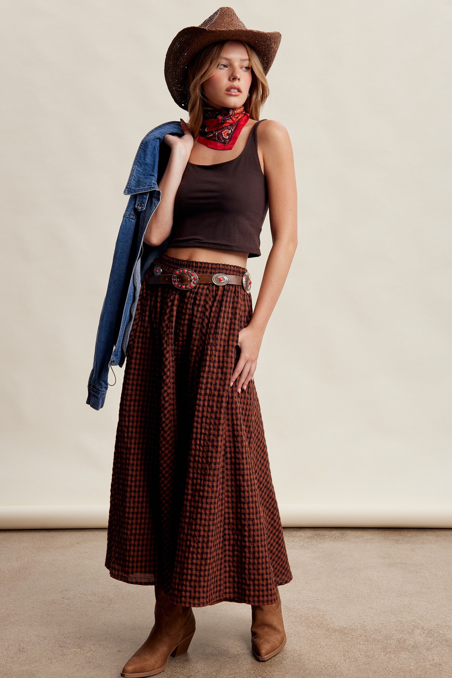 Oak Terrace Gingham Maxi Skirt in Rust - product photo 11