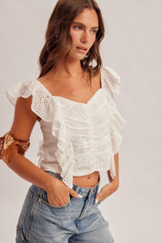 Oasis Ruffle Eyelet Sweetheart Crop Top - Westly