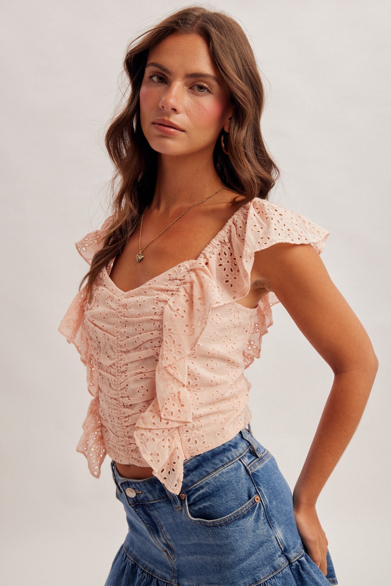 Oasis Ruffle Eyelet Sweetheart Crop Top - Westly