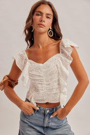Oasis Ruffle Eyelet Sweetheart Crop Top - Westly