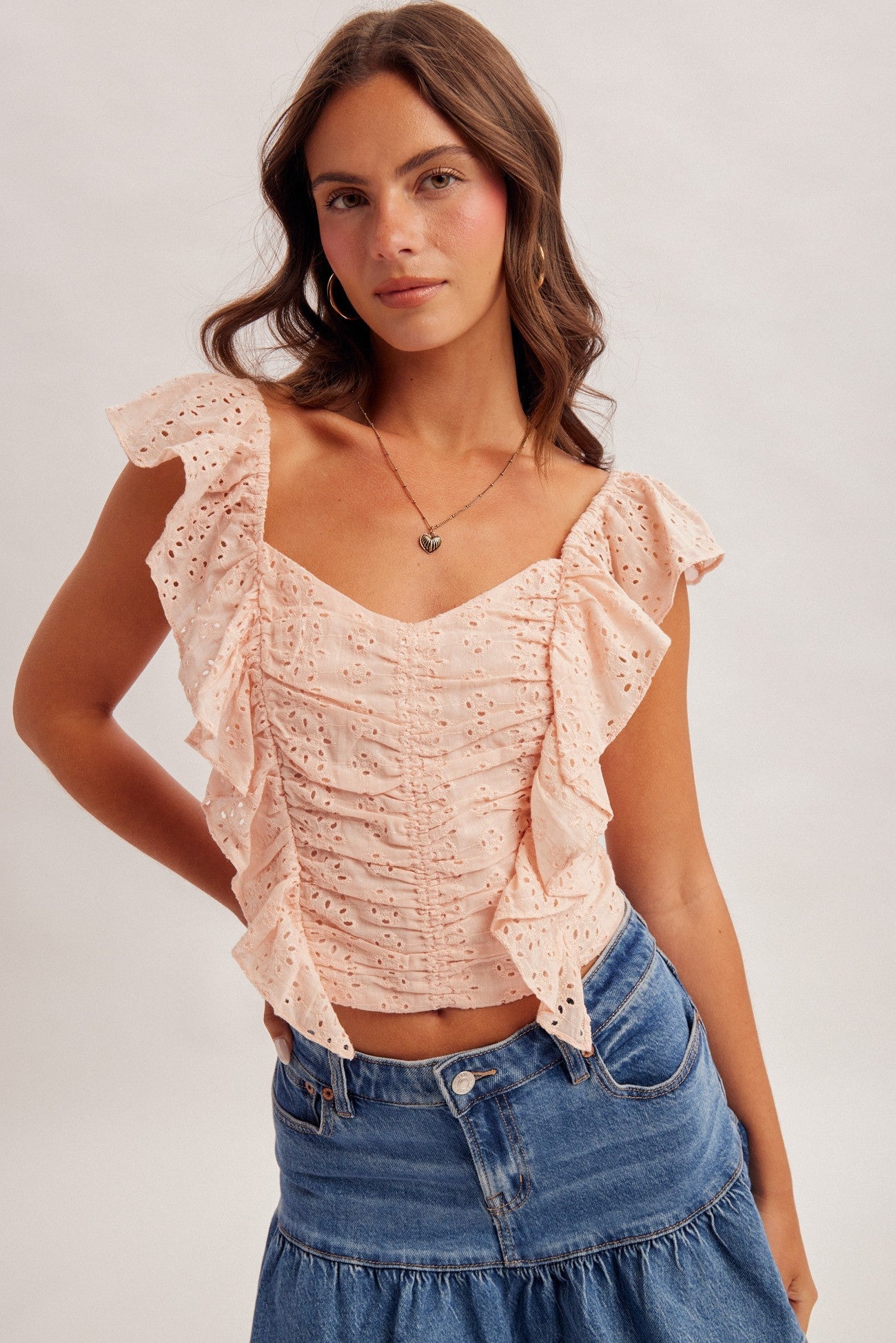 Oasis Ruffle Eyelet Sweetheart Crop Top - Westly