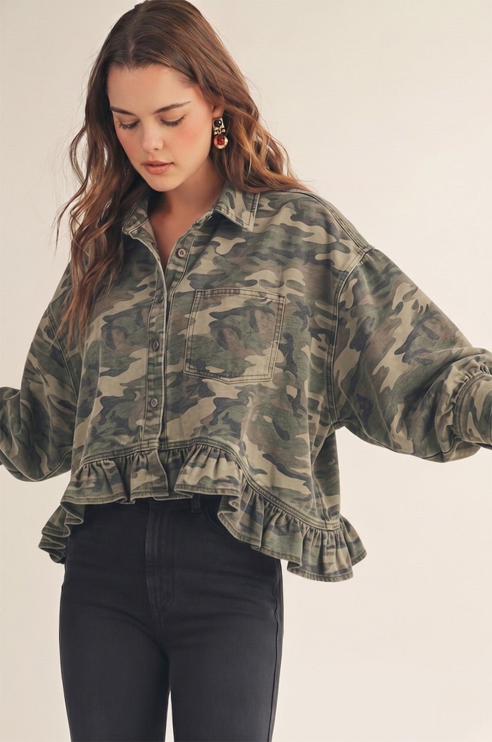 Off Grid Camo Denim Ruffled Top - Westly