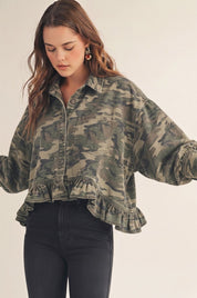 Off Grid Camo Denim Ruffled Top - Westly