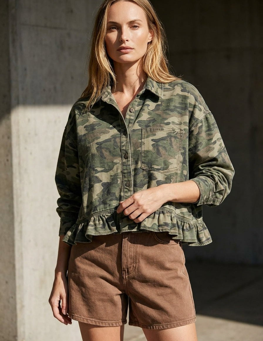 Off Grid Camo Denim Ruffled Top - Westly