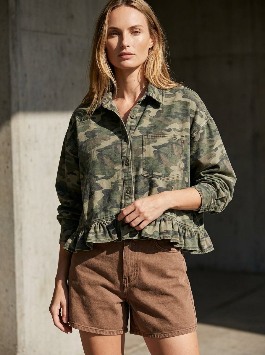 Off Grid Camo Denim Ruffled Top - Westly