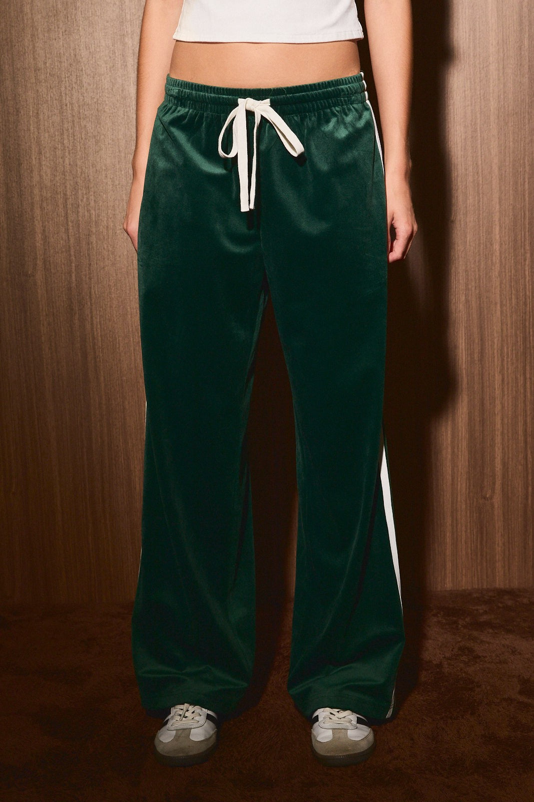 Off the Clock Velvet Track Pants in Green White — product photo 03