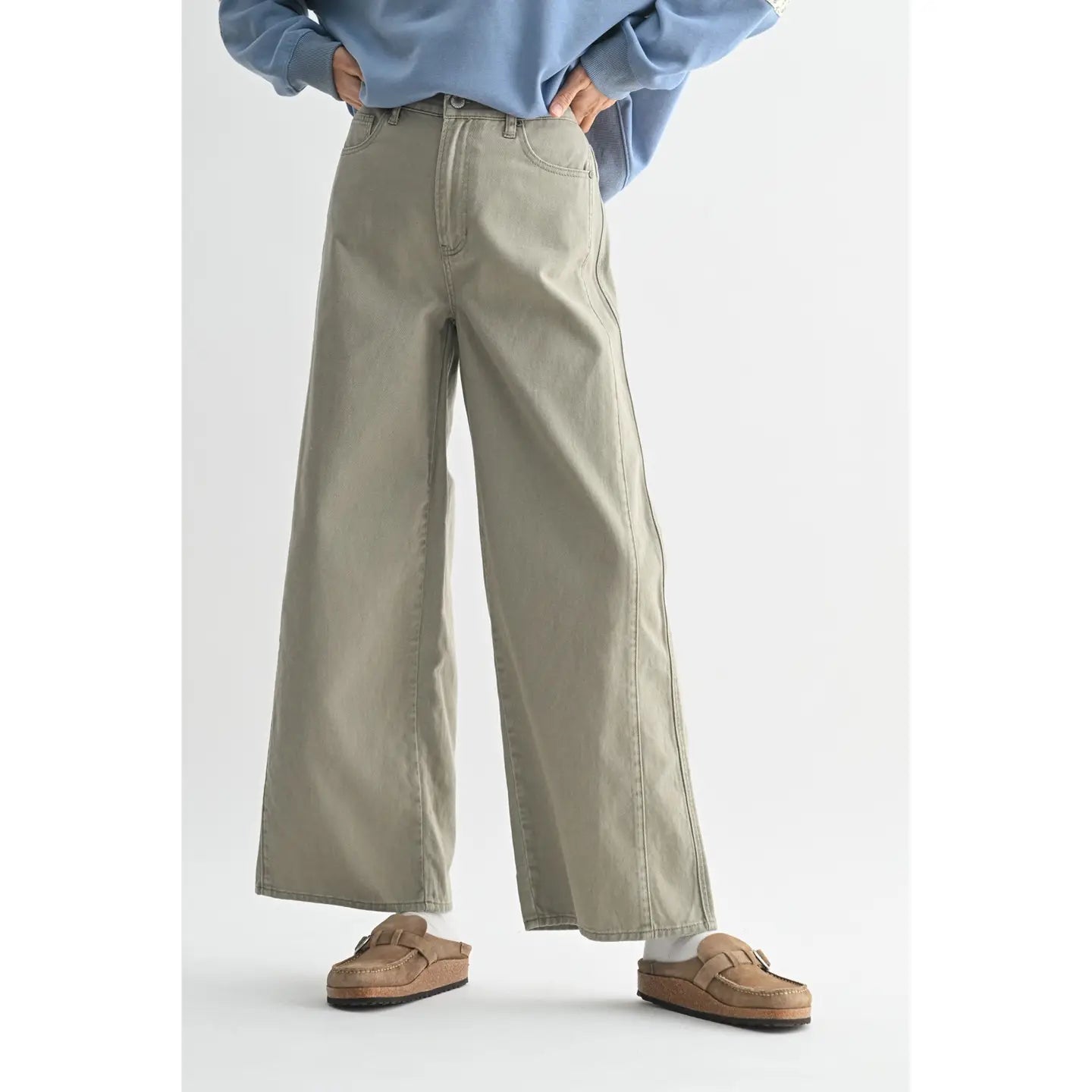 Olive Wide Leg Twill Cotton Pants - Westly