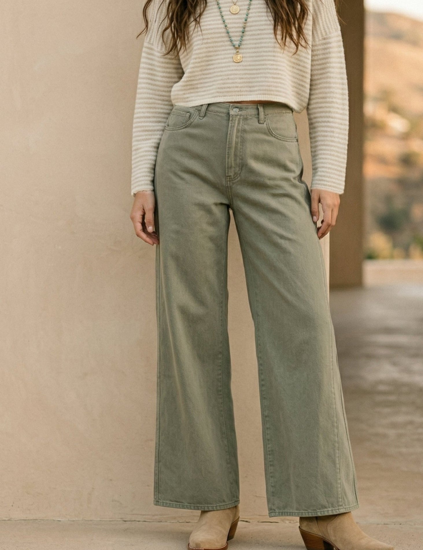 Olive Wide Leg Twill Cotton Pants - Westly