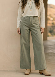 Olive Wide Leg Twill Cotton Pants - Westly