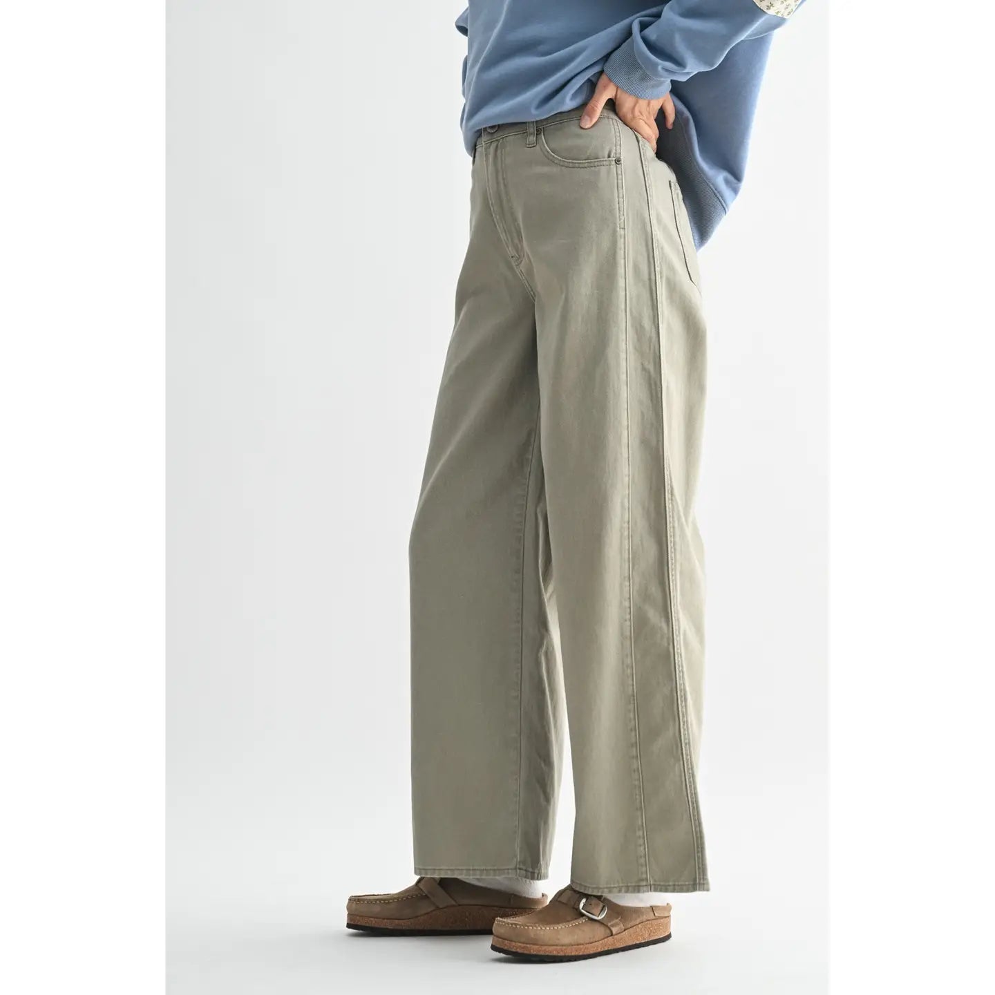Olive Wide Leg Twill Cotton Pants - Westly