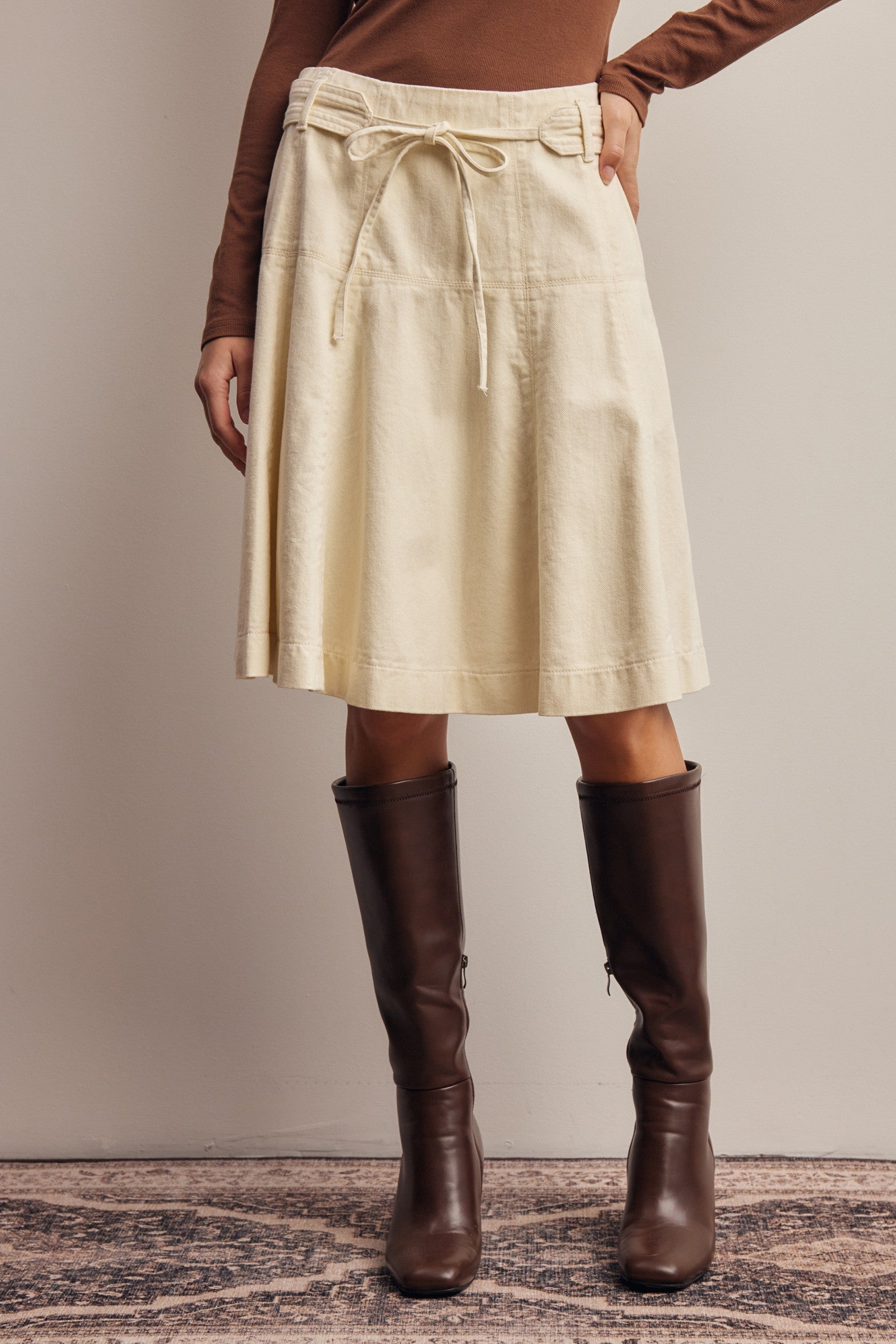 Opalstone Belted A-Line Midi Skirt in Cream, photo 1
