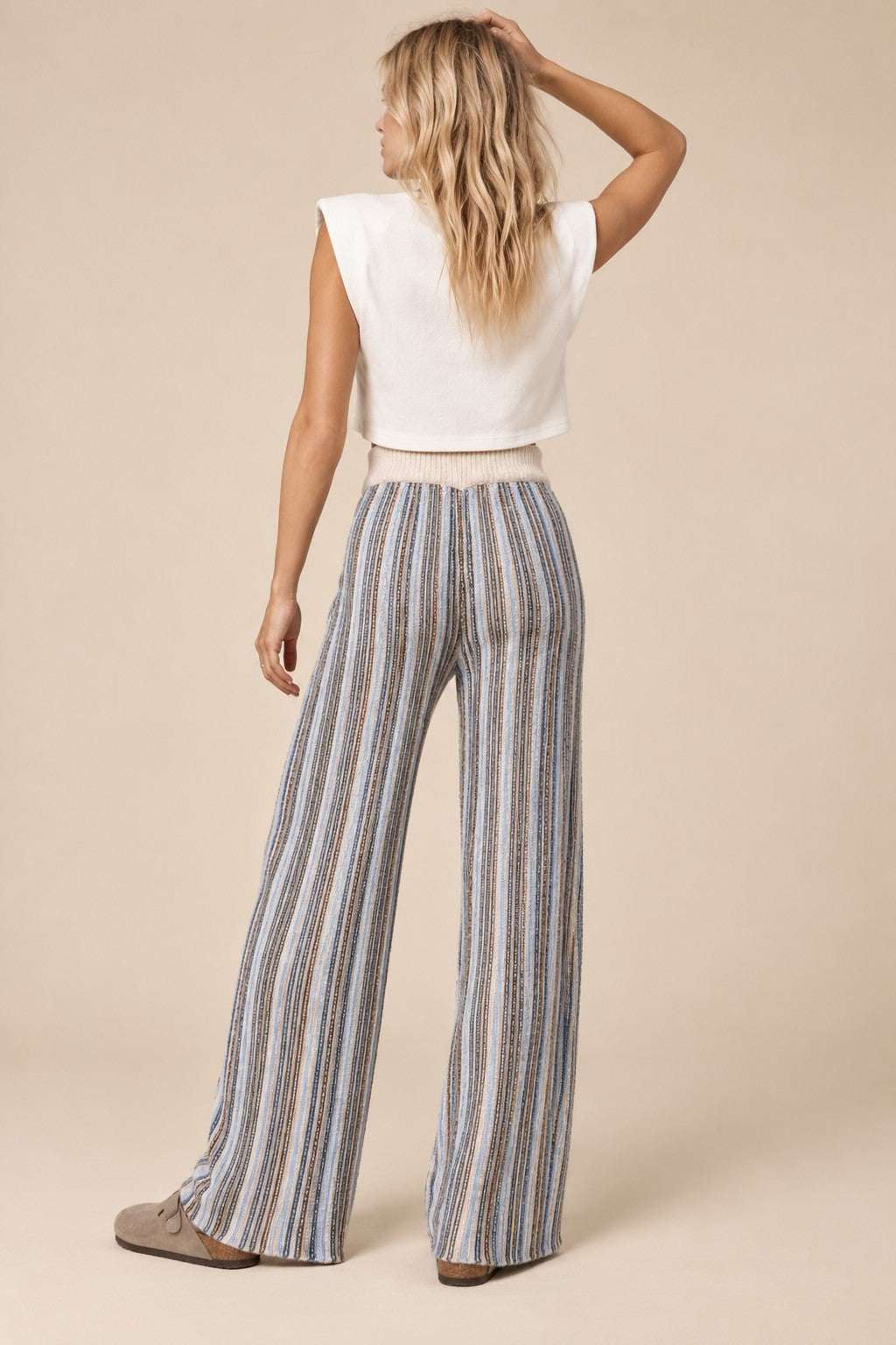 Open Road Radio Striped Wide Leg Knit Pants in Blue Beige, photo 4