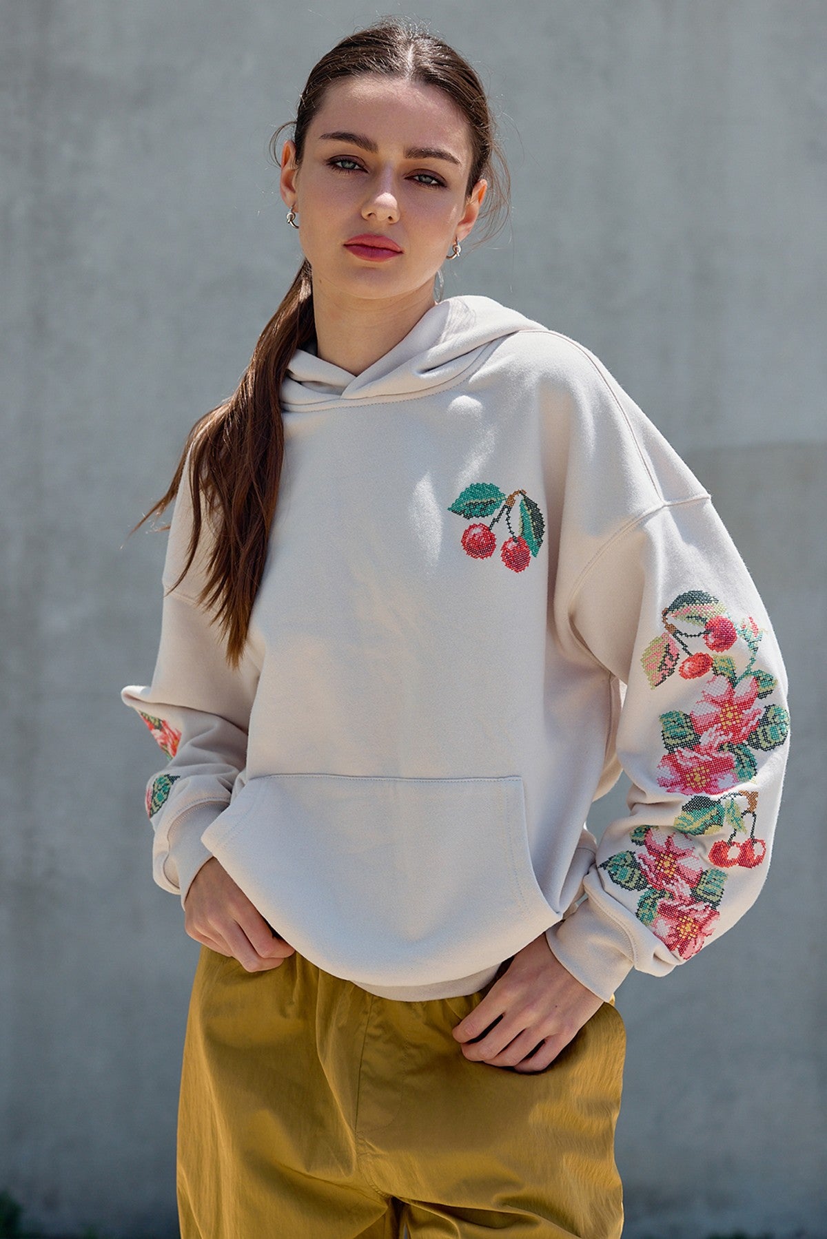 Orchard Stitch Embroidered Hoodie in Light Beige - product photo 1