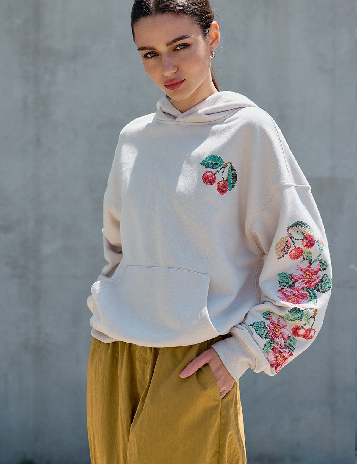 Orchard Stitch Embroidered Hoodie in Light Beige - product photo 5