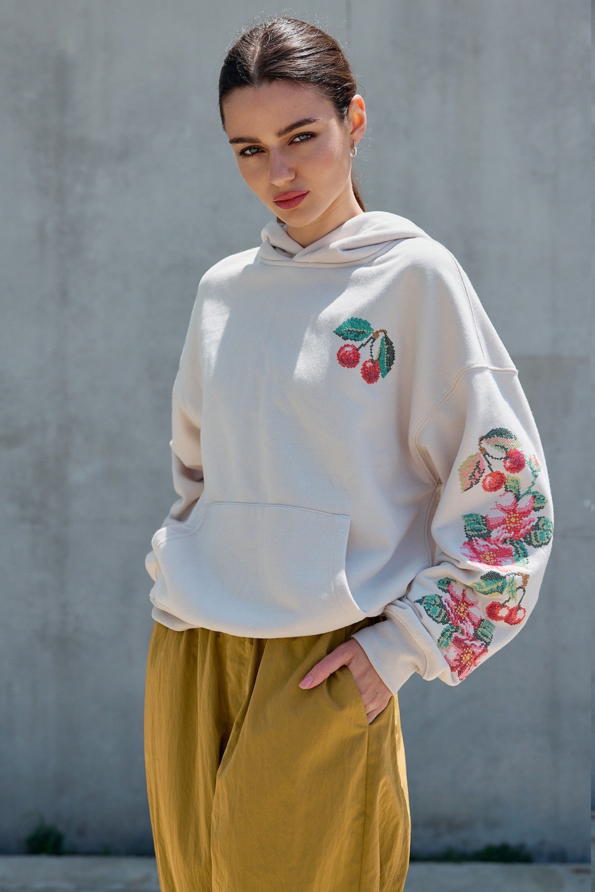 Orchard Stitch Embroidered Hoodie in Light Beige - product photo 5