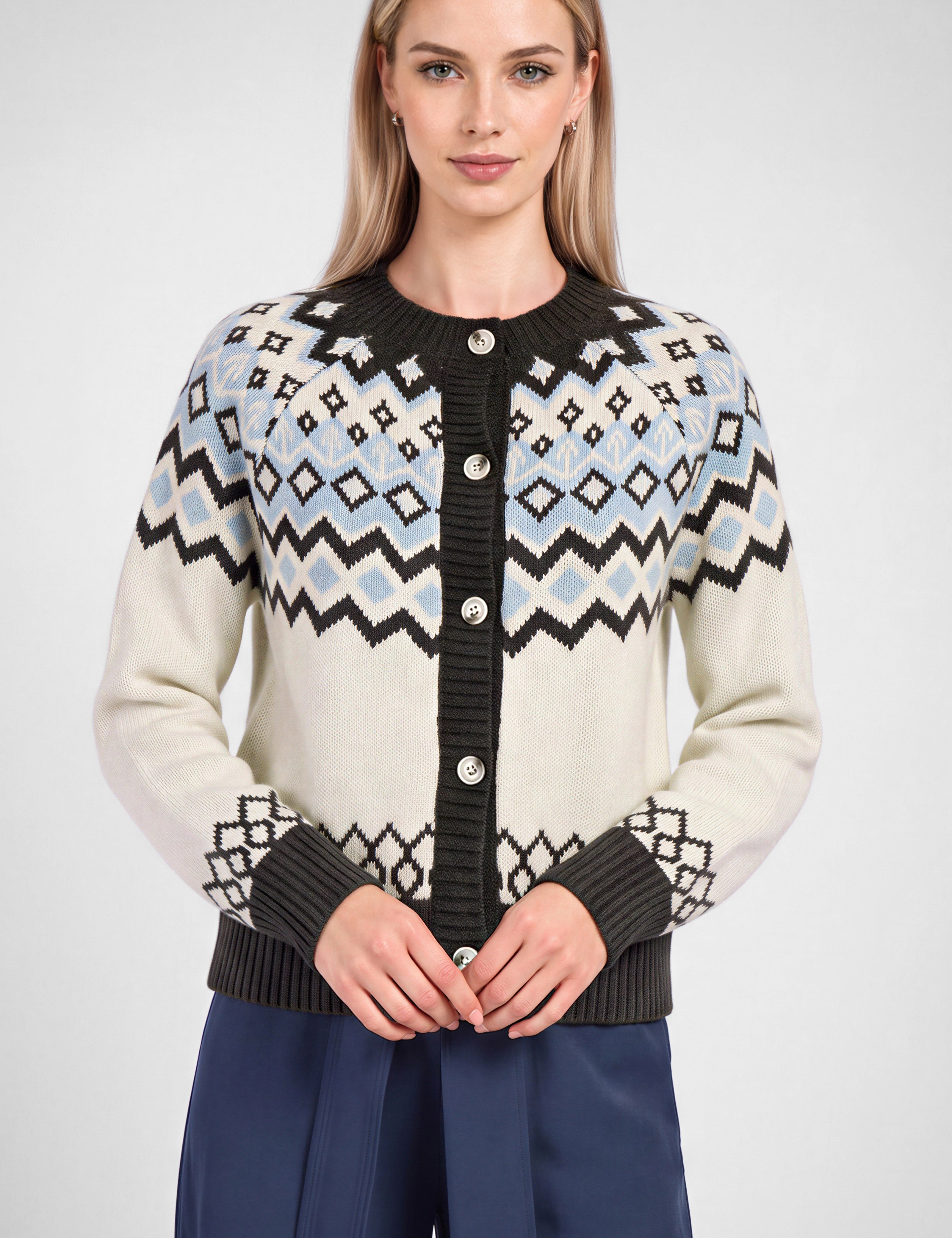 Oslo Fair Isle Button Cardigan - Ivory Charcoal