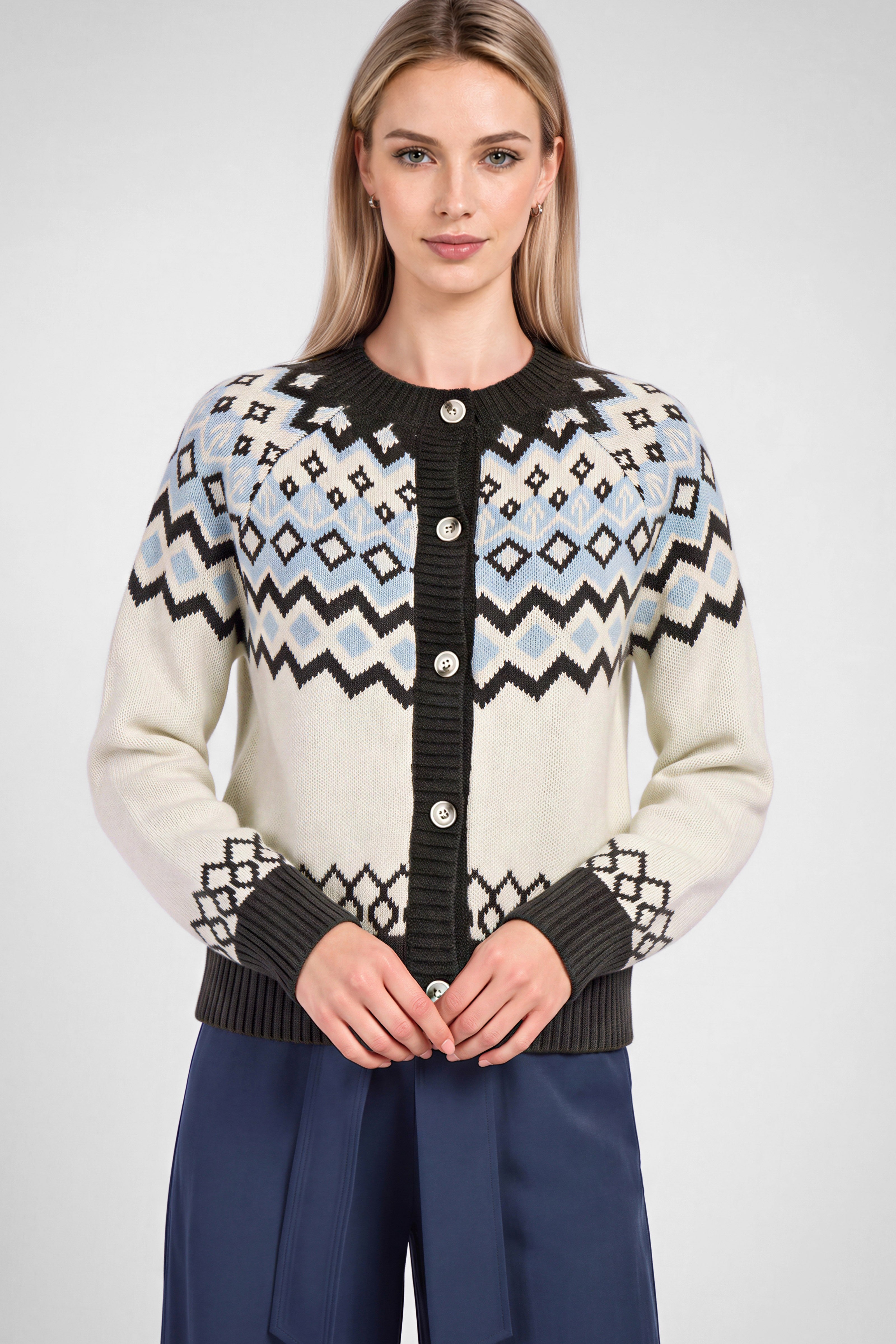 Oslo Fair Isle Button Cardigan - Ivory Charcoal