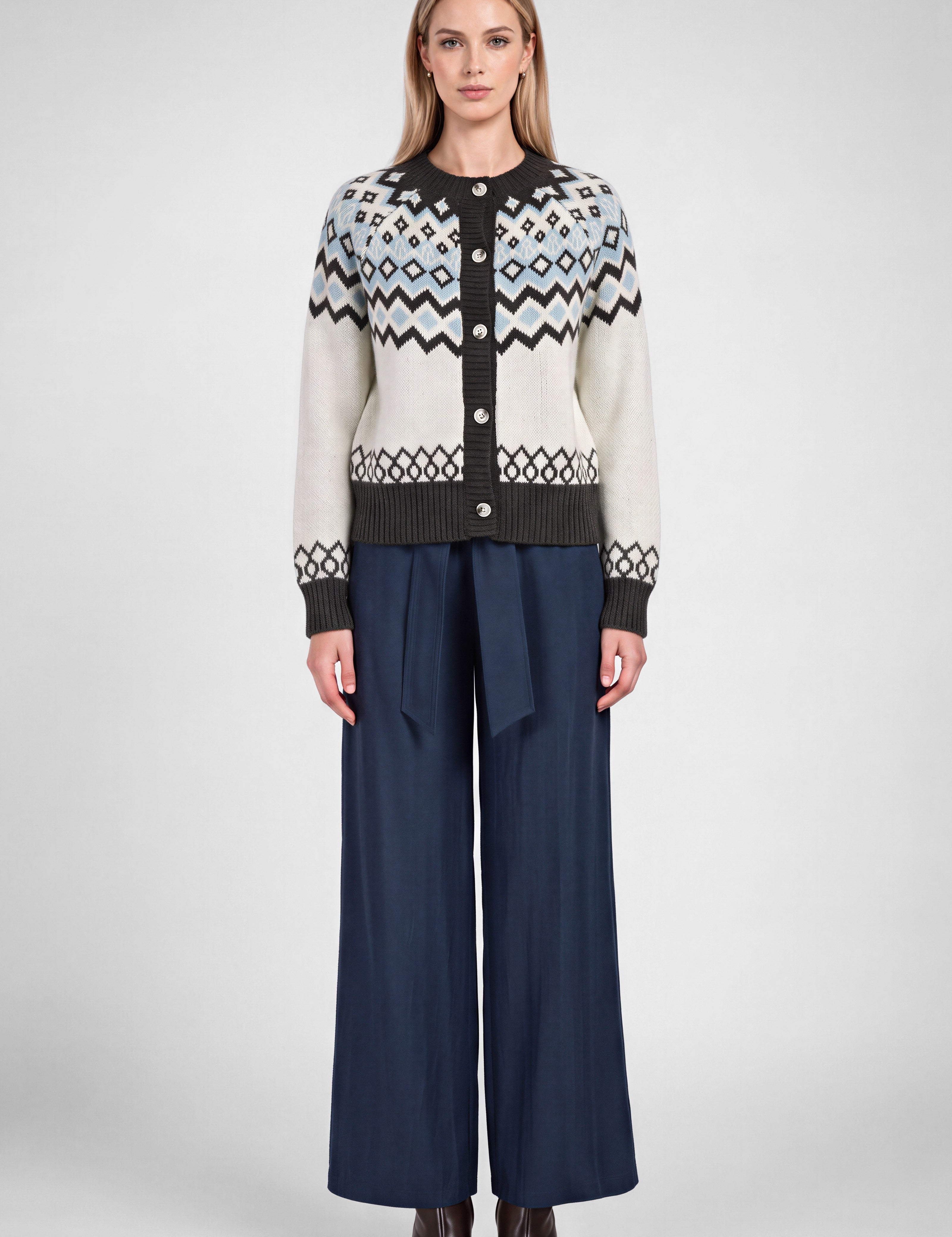 Oslo Fair Isle Button Cardigan - Ivory Charcoal