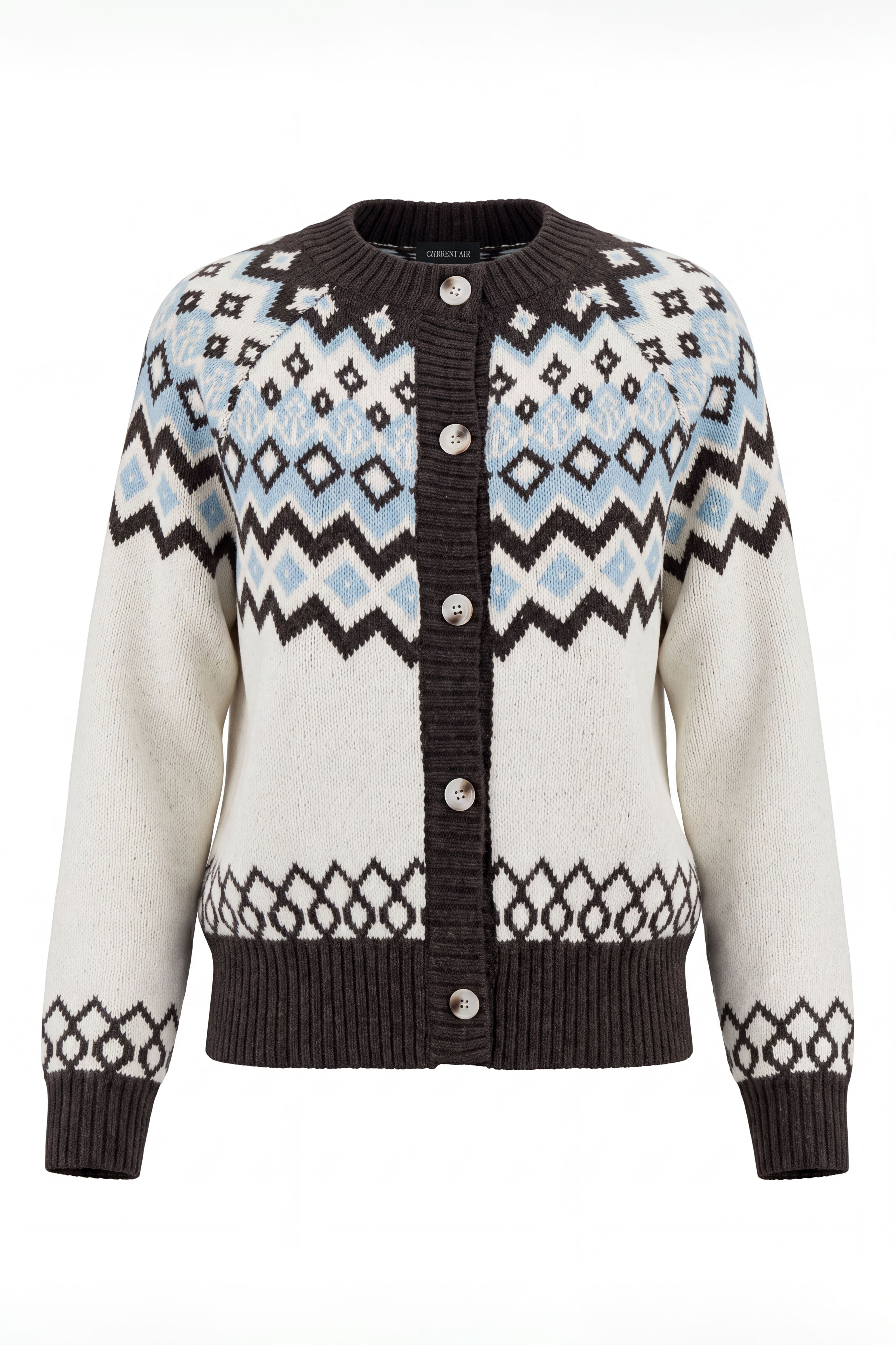Oslo Fair Isle Button Cardigan - Ivory Charcoal