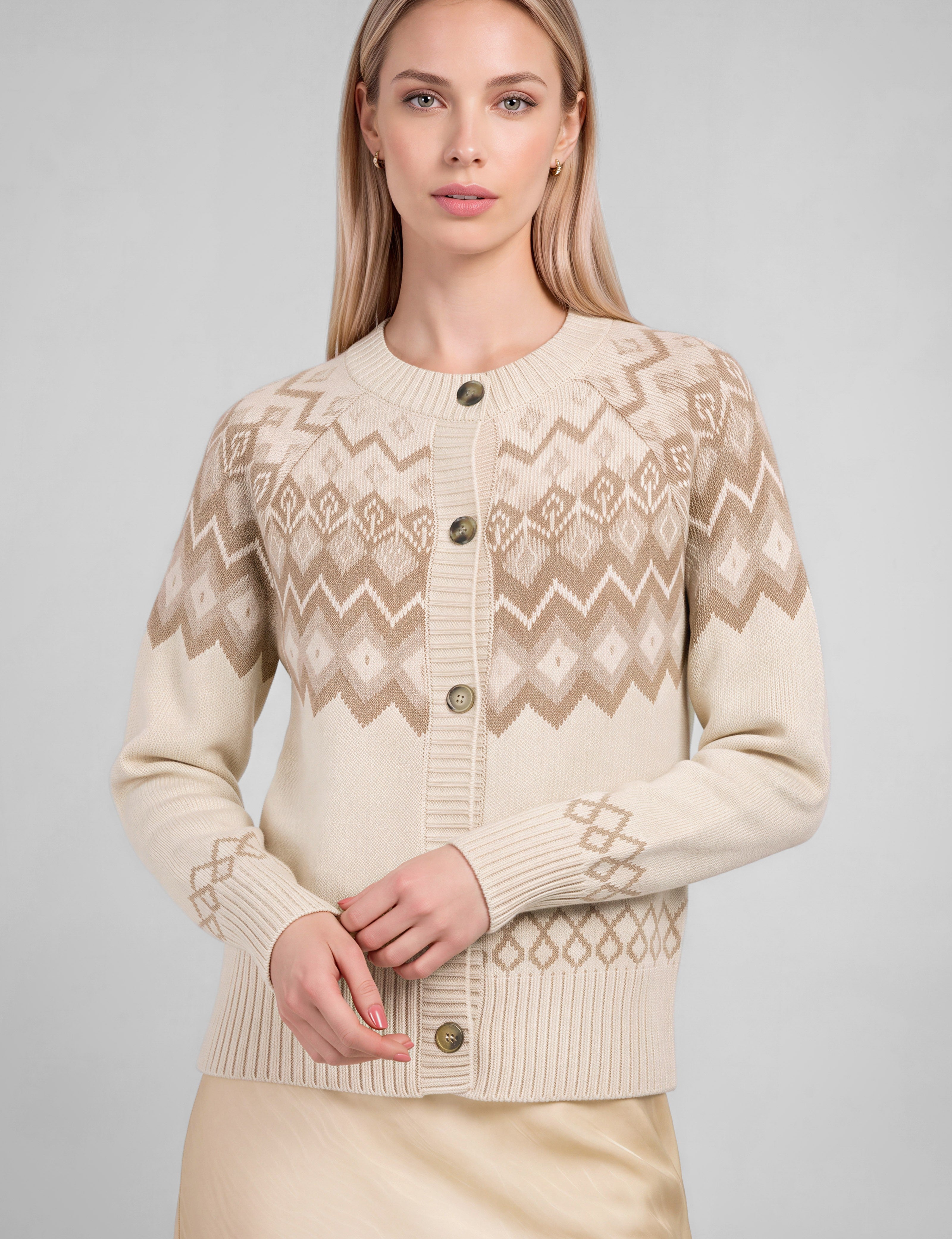 Oslo Fair Isle Button Cardigan - Oatmeal Heather