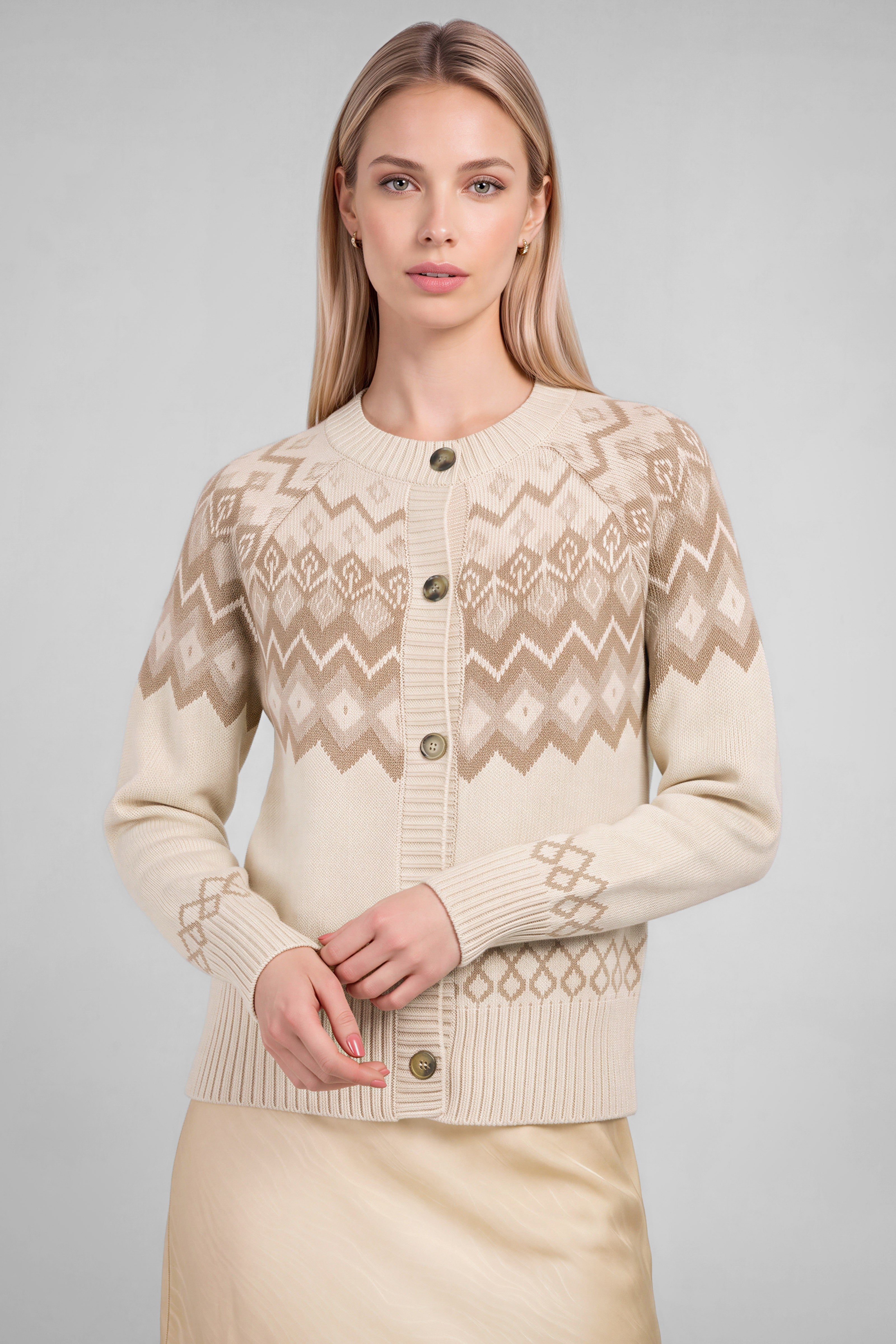 Oslo Fair Isle Button Cardigan - Oatmeal Heather