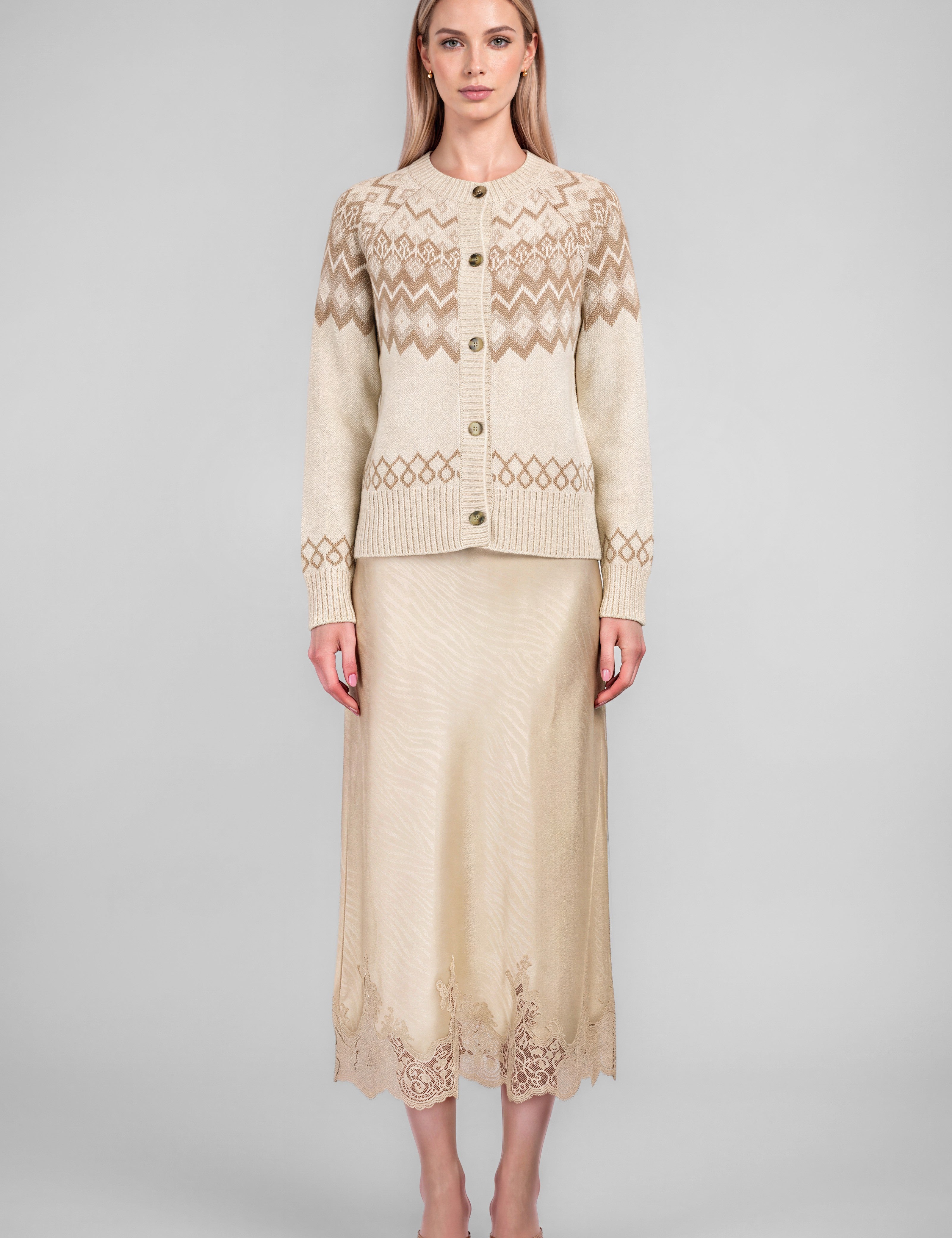 Oslo Fair Isle Button Cardigan - Oatmeal Heather