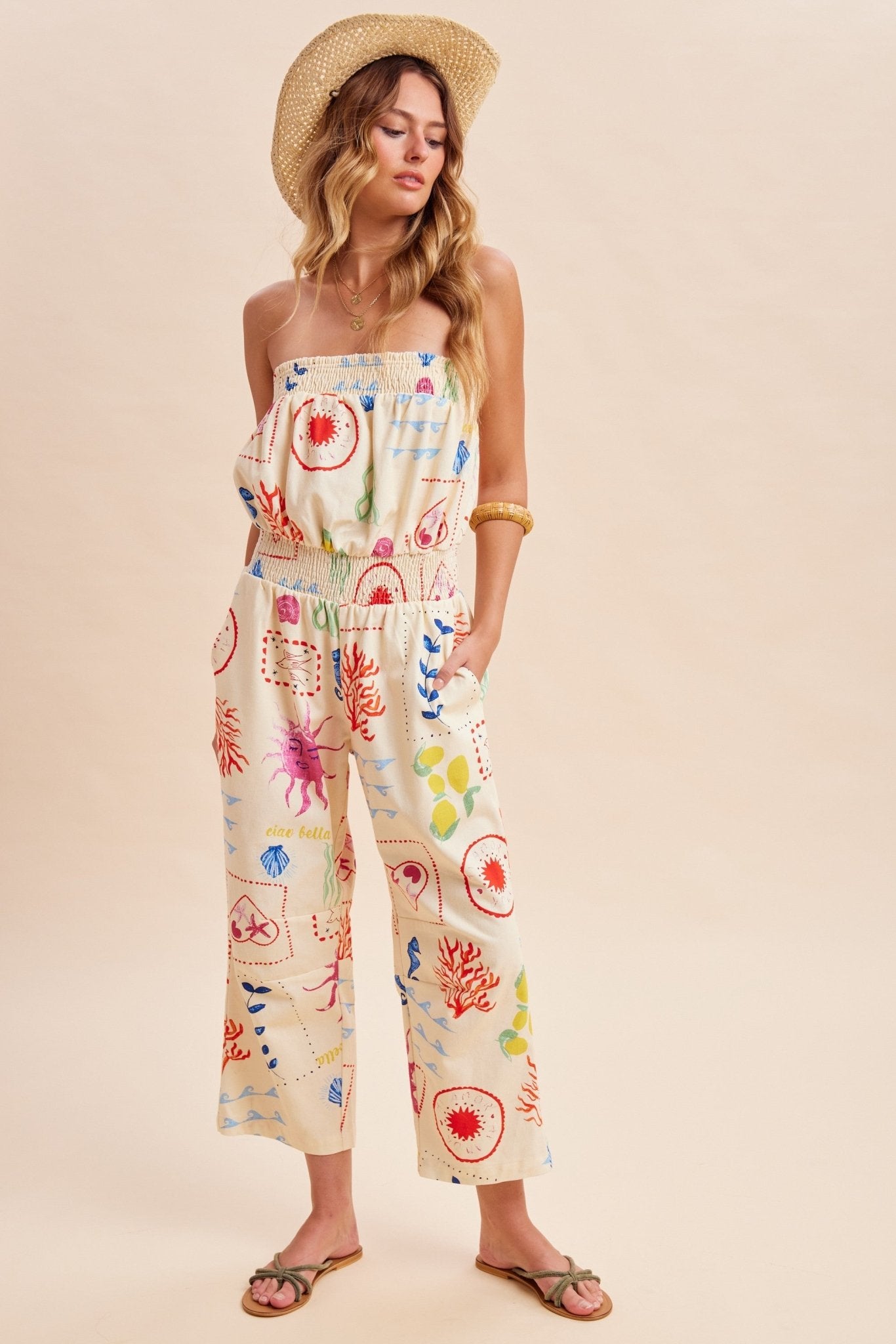 Out Of Office Coastal Motif Denim Strapless Jumpsuit - Westly
