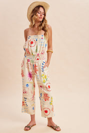 Out Of Office Coastal Motif Denim Strapless Jumpsuit - Westly