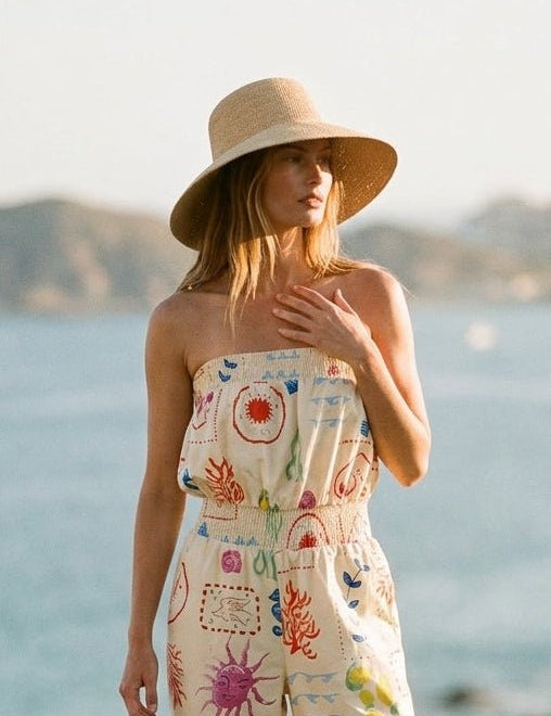 Out Of Office Coastal Motif Denim Strapless Jumpsuit - Westly