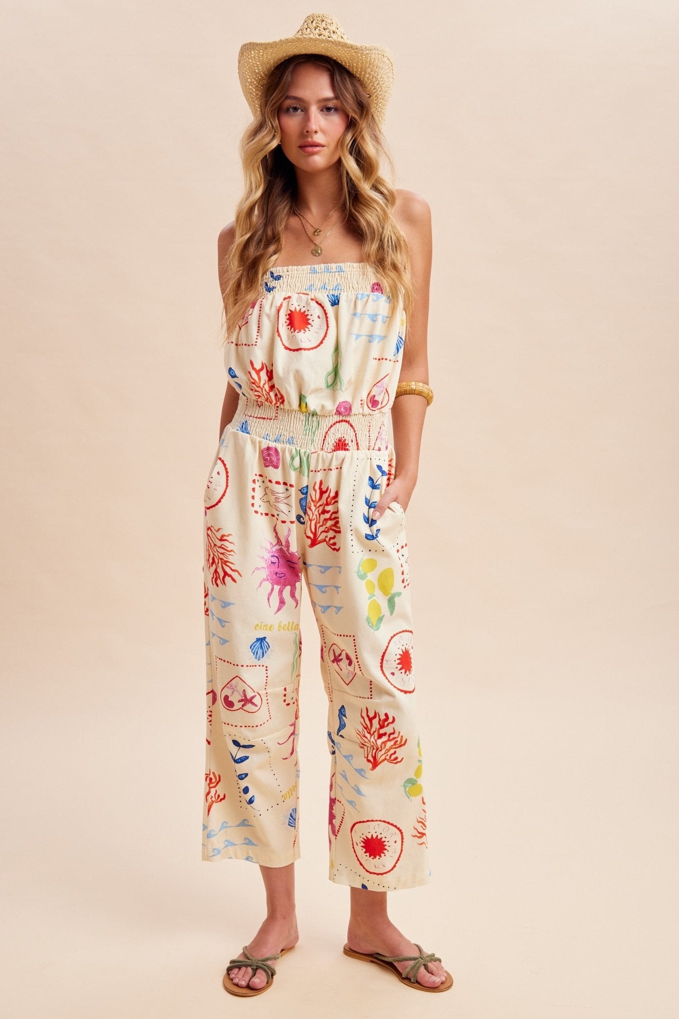 Out Of Office Coastal Motif Denim Strapless Jumpsuit - Westly