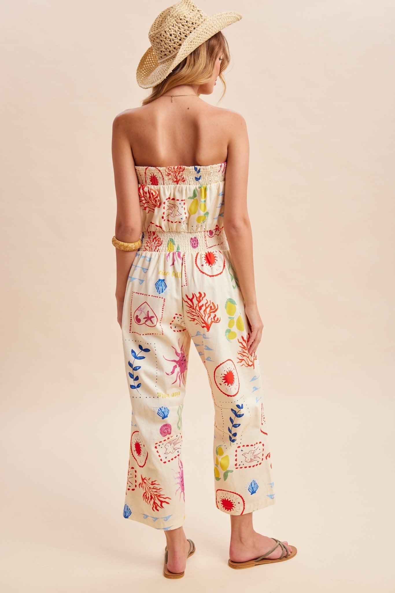 Out Of Office Coastal Motif Denim Strapless Jumpsuit - Westly
