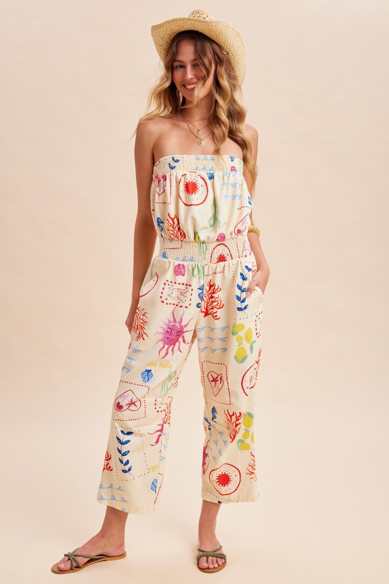 Out Of Office Coastal Motif Denim Strapless Jumpsuit - Westly