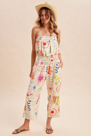 Out Of Office Coastal Motif Denim Strapless Jumpsuit - Westly