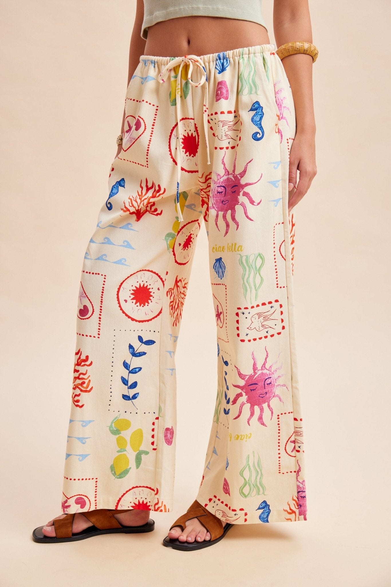 Out Of Office Coastal Motif Denim Wide - Leg Pants - Westly