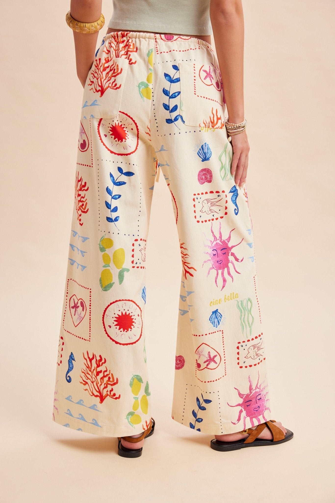 Out Of Office Coastal Motif Denim Wide - Leg Pants - Westly