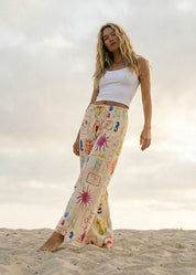 Out Of Office Coastal Motif Denim Wide - Leg Pants - Westly