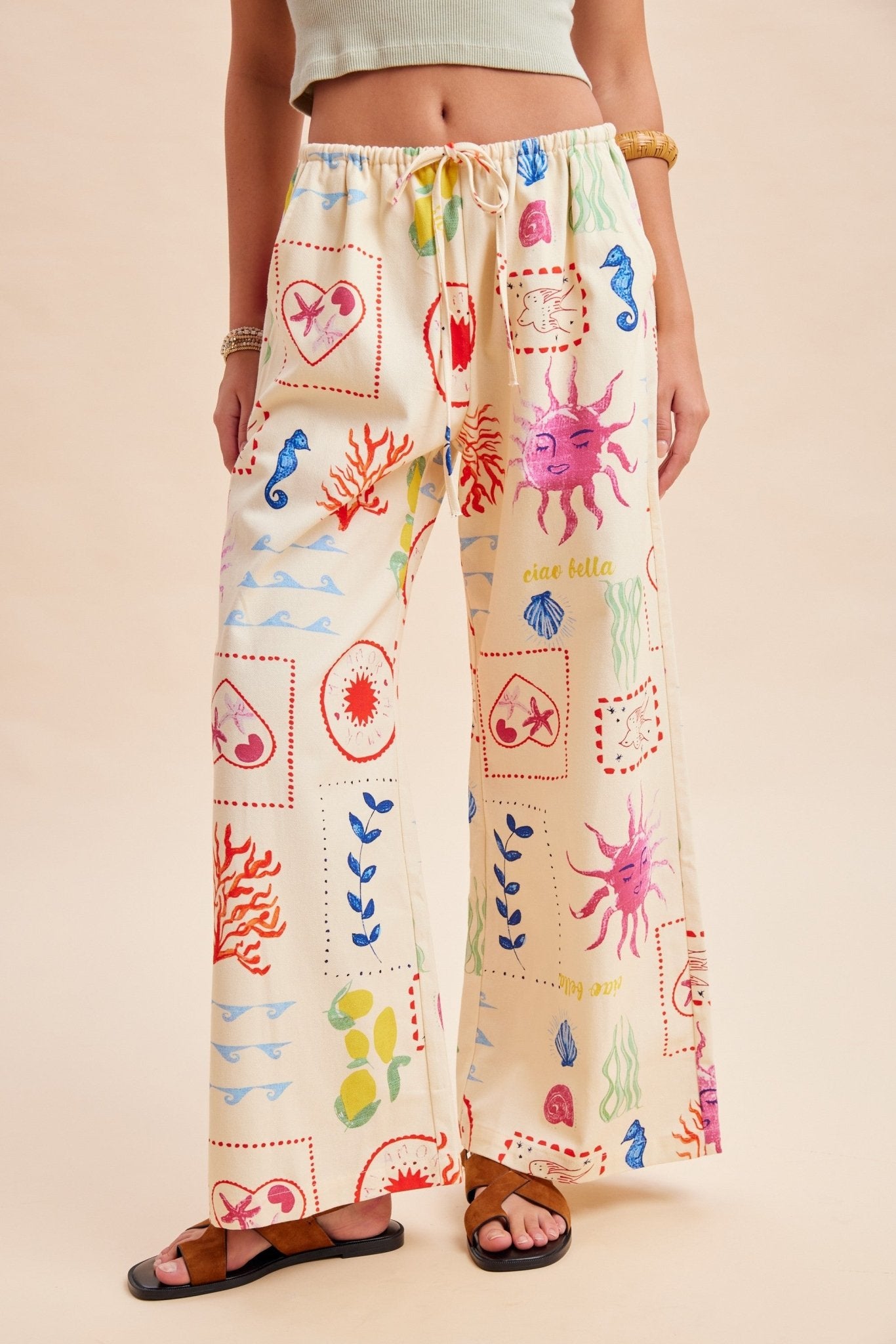 Out Of Office Coastal Motif Denim Wide - Leg Pants - Westly