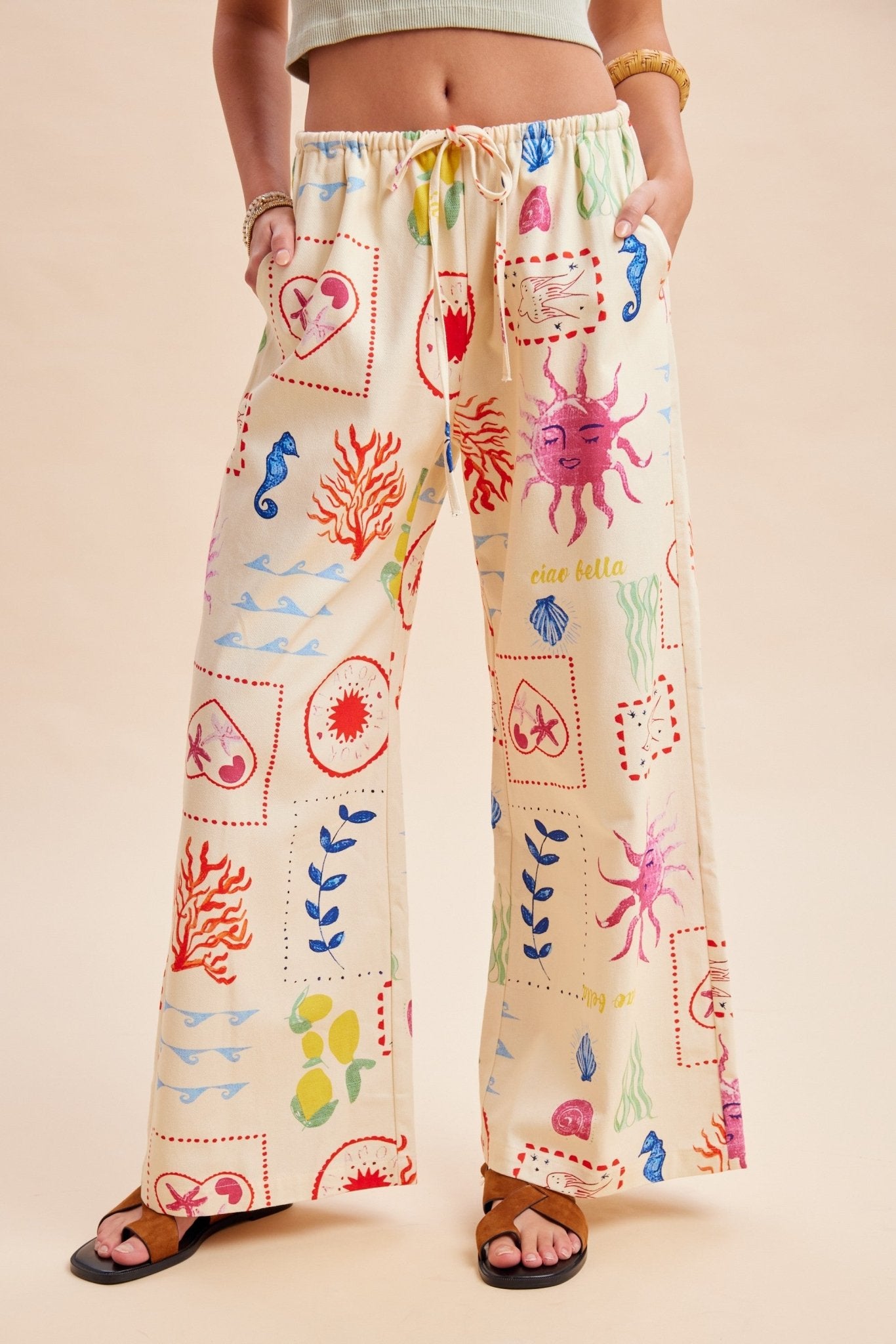 Out Of Office Coastal Motif Denim Wide - Leg Pants - Westly