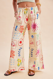 Out Of Office Coastal Motif Denim Wide - Leg Pants - Westly