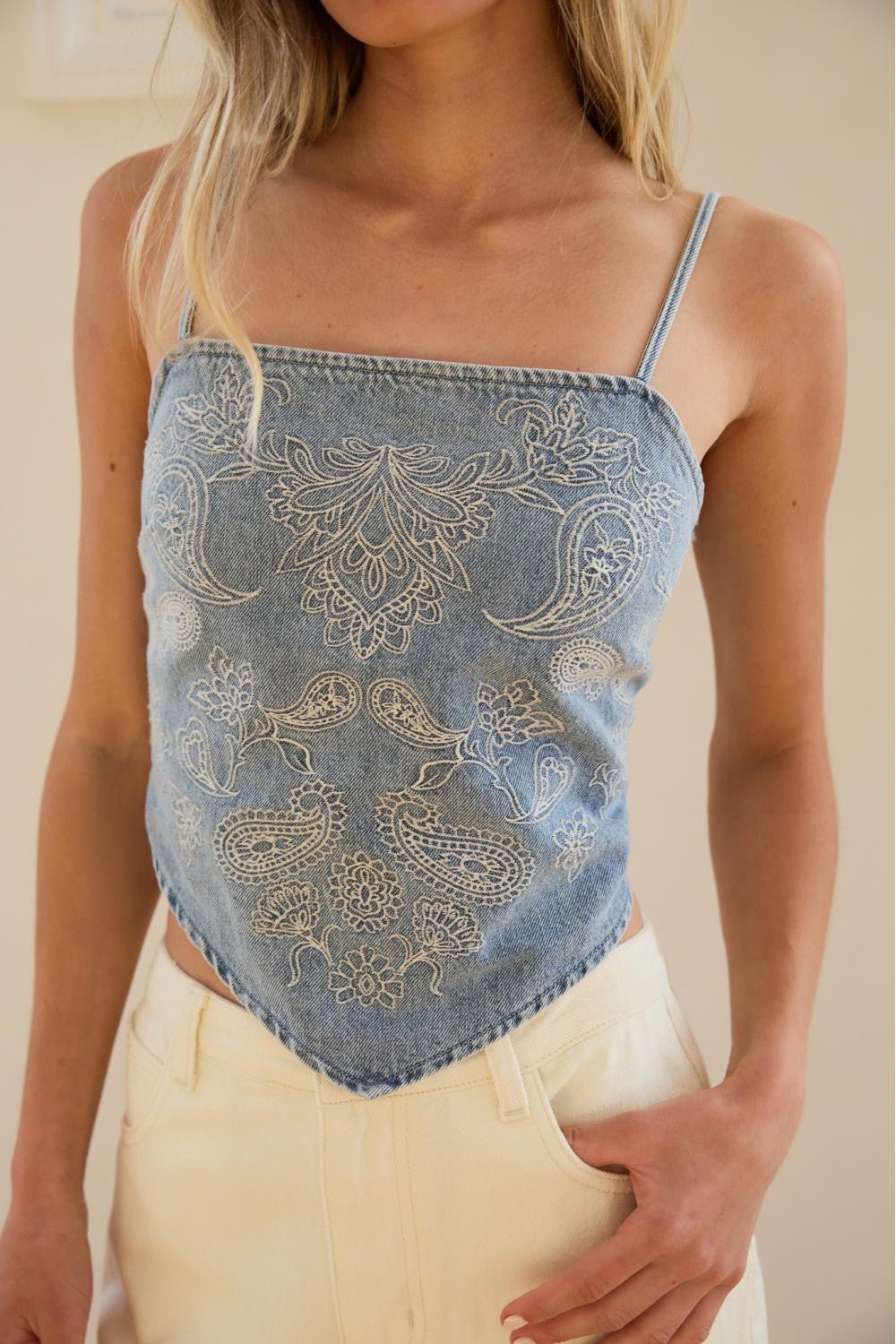 Out West Denim Paisely Embroidered Bandana Top - Westly