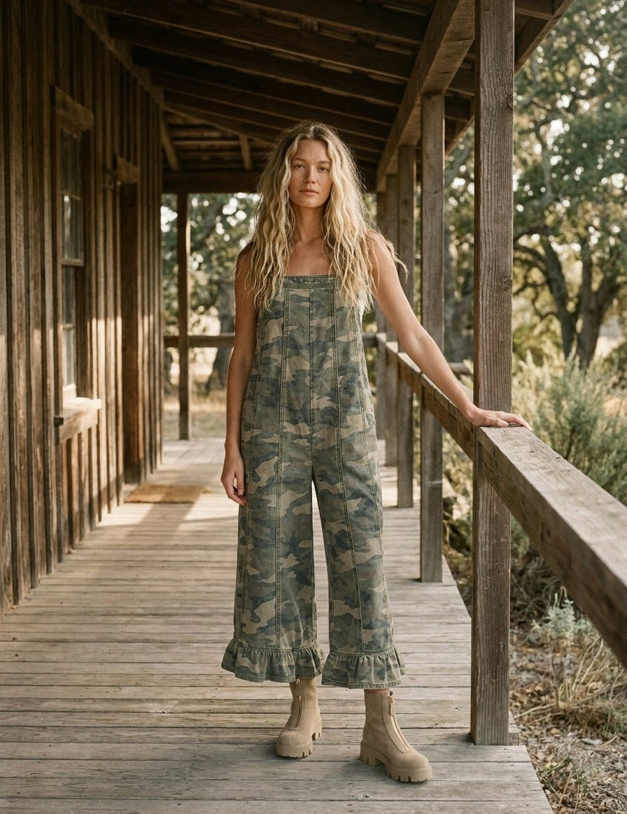 Outlaw Camo Ruffle Hem Wide Leg Jumpsuit - Westly
