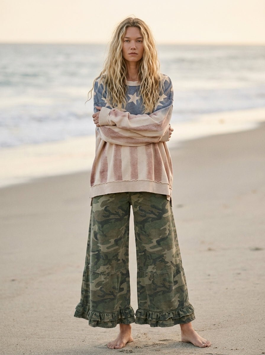 Outlaw Ruffle Washed Camo Wide Leg Denim - Westly