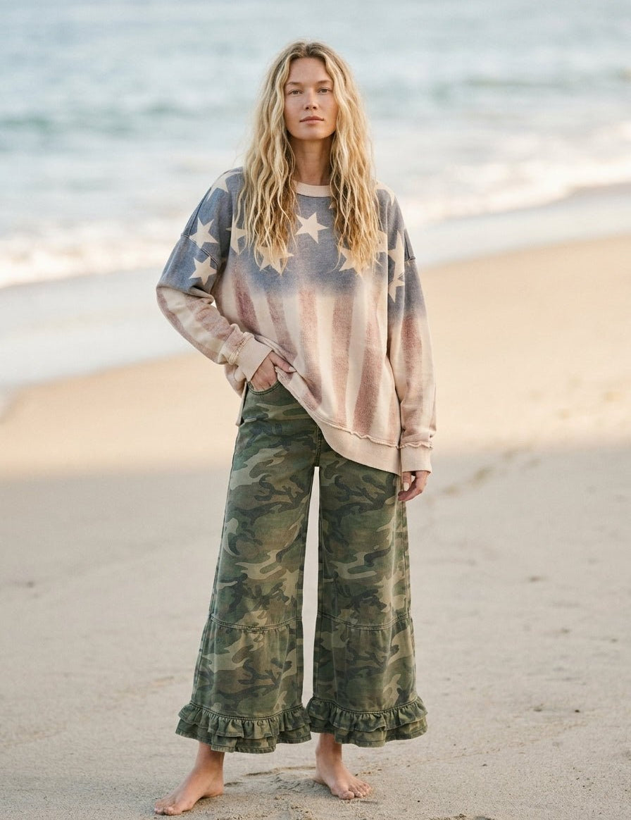 Outlaw Ruffle Washed Camo Wide Leg Denim - Westly